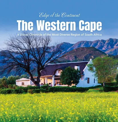 The cover of Edge of the Continent: The Western Cape — a white thatched Cape Dutch homestead below the mountains, a field of yellow flowers in the foreground
