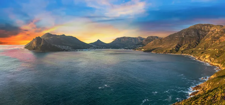 Hout Bay and the Sentinel peak at sunset, seen from Chapman's Peak Drive on the Cape Peninsula