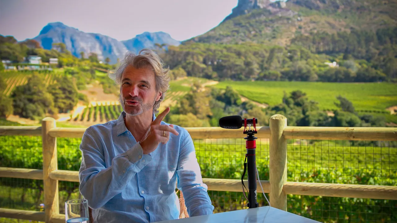 A long-haired winemaker mid-sentence at a terrace table, a shotgun mic in frame, vineyards and the Constantia Nek ridge behind him