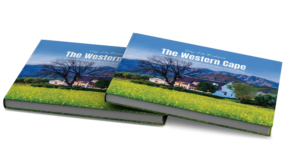The hardcover open at the Clifton spread, a long-exposure tidal pool facing a coastline at dusk