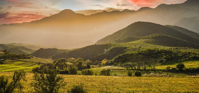 Evening light over the high farm valley at Herold Wines in the Outeniqua Mountains above George, South Africa