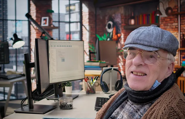 Dr Ian Kennedy at his desk, turned from two monitors with a document open on screen