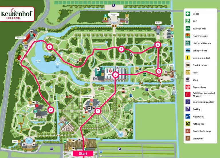 Official Keukenhof park map showing the numbered walking route past the pavilions, the windmill and the lake