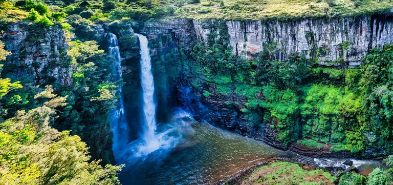 Mac Mac Falls twin cascade dropping into a forested gorge on the Panorama Route, Mpumalanga