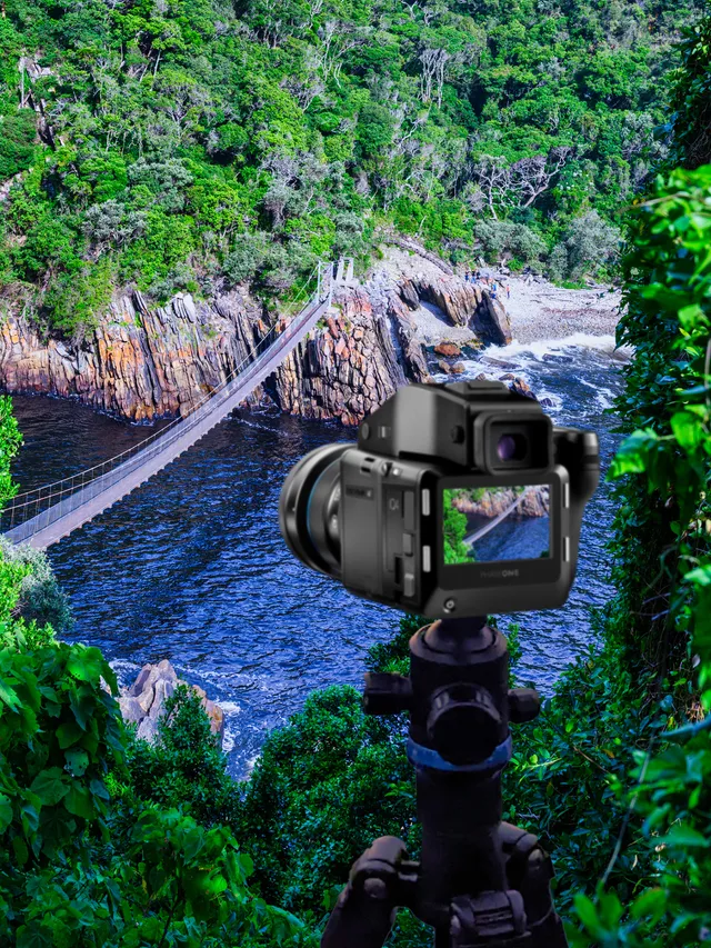 Looking down through coastal forest from a tripod-mounted camera to the suspension bridge below