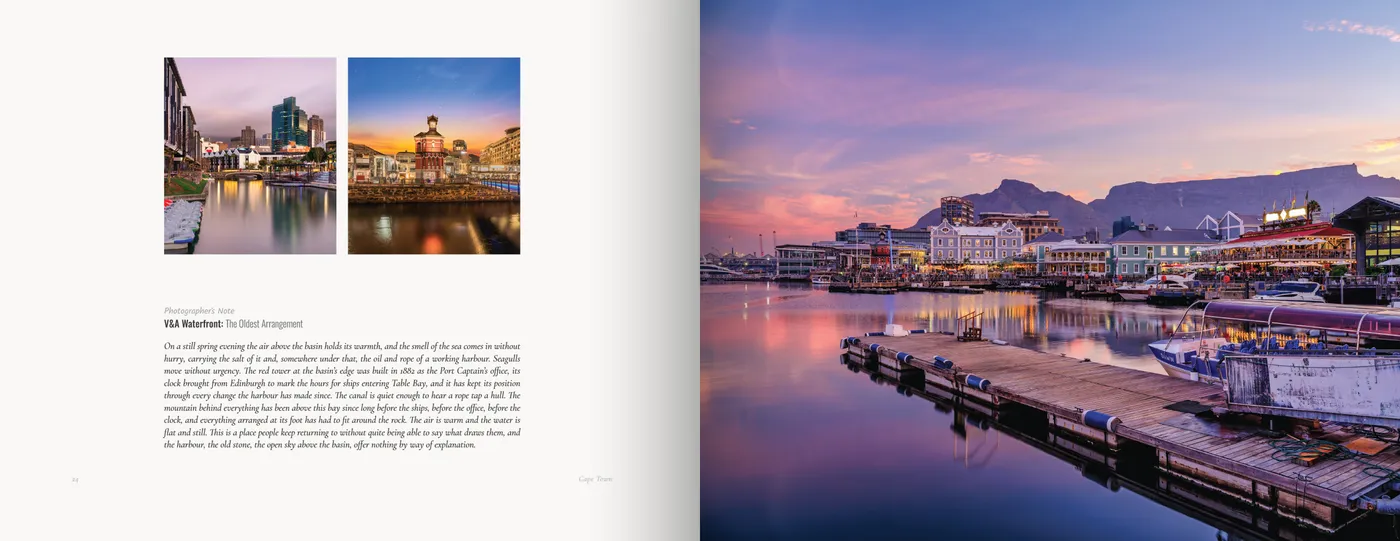 Two small dusk frames and the note face a full-bleed harbour panorama, Table Mountain behind moored boats