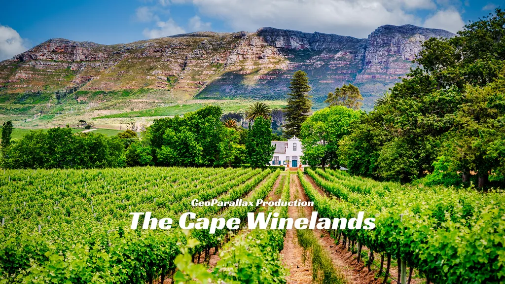 Vine rows running toward a green valley of farmland beneath the jagged Simonsberg range, Cape Winelands
