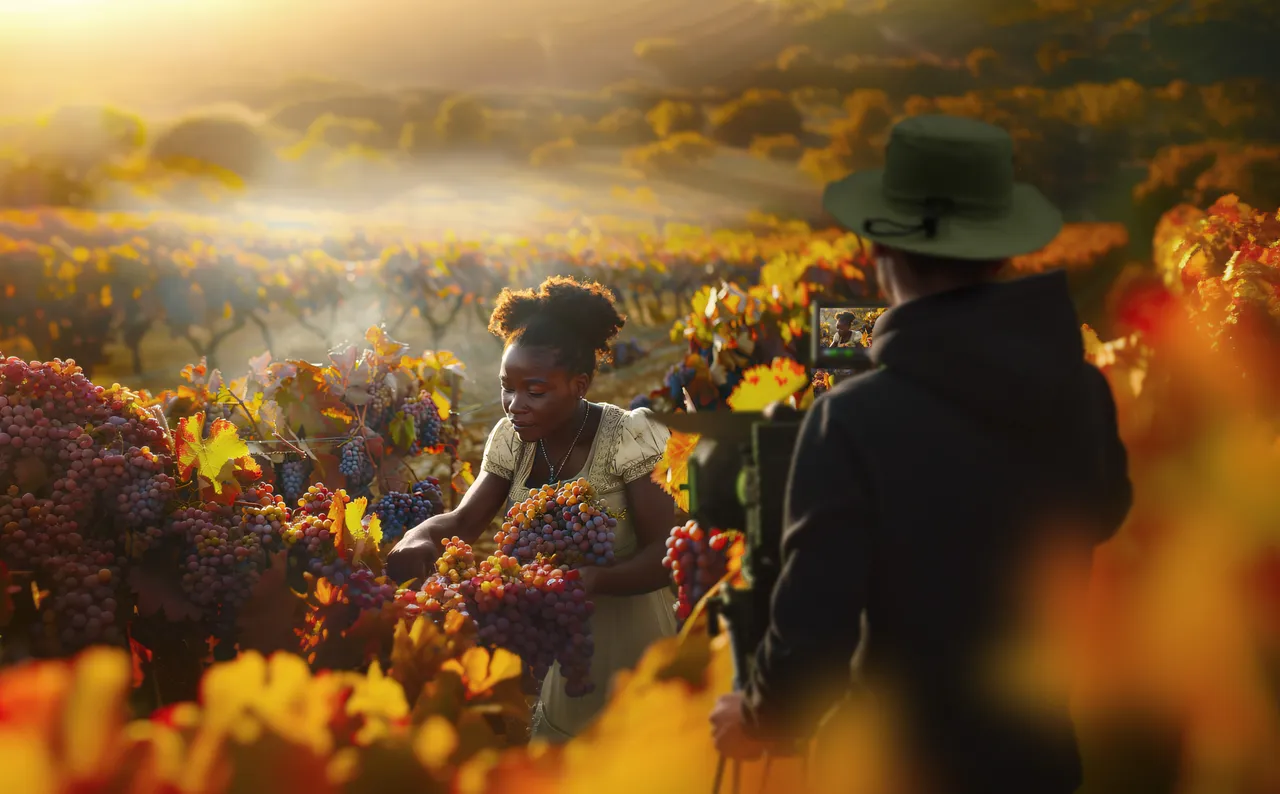 Filming The Cape Winelands — a cinema camera trained on a grape harvester among autumn vineyard rows.
