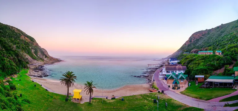 Victoria Bay at dawn, a sheltered surfing cove with palm trees and a small beach near George, South Africa
