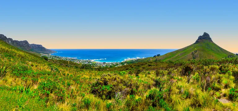 View from the Table Mountain summit over the Twelve Apostles, Lion's Head and the Atlantic Ocean, Cape Town